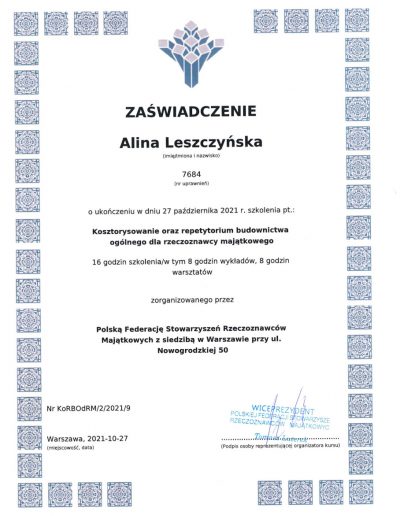 zaswiadczenie kosztorysowanie oraz repetytorium budownictwa ogolnego dla rzeczoznawcy majatkowego Alina Leszczynska